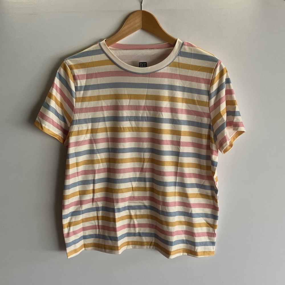 SHEIN Pastel Striped Tee MAJOR FLAW Label is on the wrong side of the collar